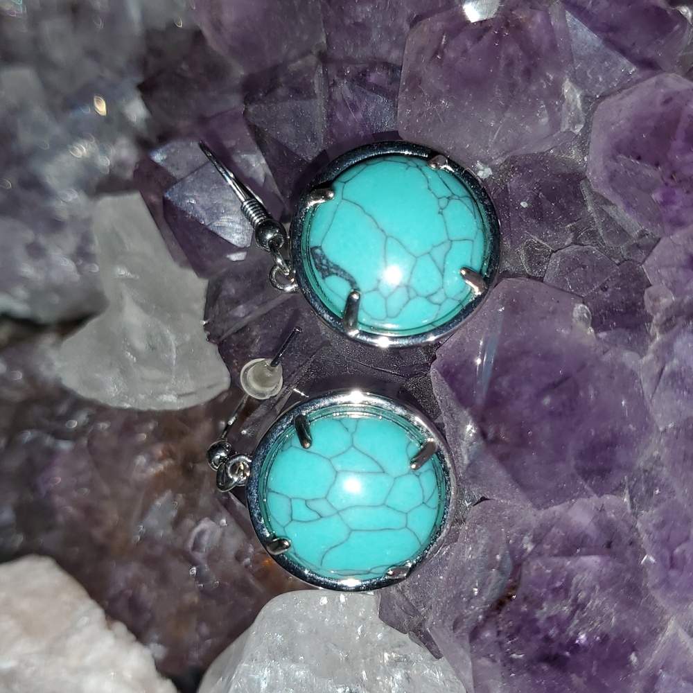 Turquoise Cabochons In Prong Settings Silver Fish Hook Dangle Drop Earrings
